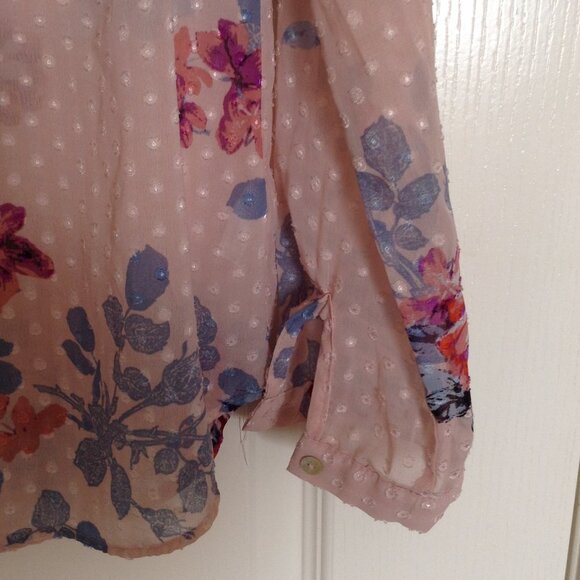 DR2 Womens Semi Sheer Blouse Top Tunic Size S Long Sleeves Boho Round Hem Floral - Picture 4 of 9